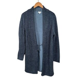 J. Jill Cardigan Sweater Size Medium Long Duster Blue Tie Front Open Tassle Wool